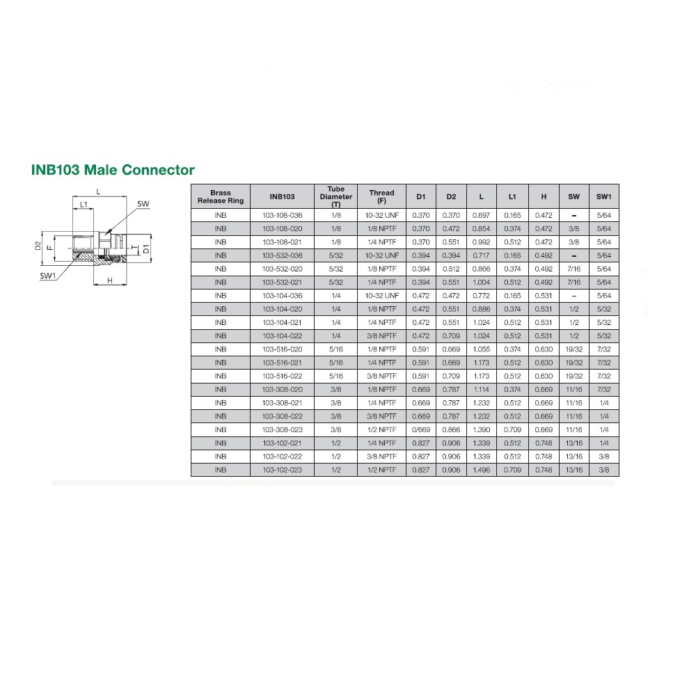 INB103-308-020 NUMATICS/AVENTICS NP BRASS PUSH-IN FITTING<BR>3/8" TUBE X 1/8" NPT MALE