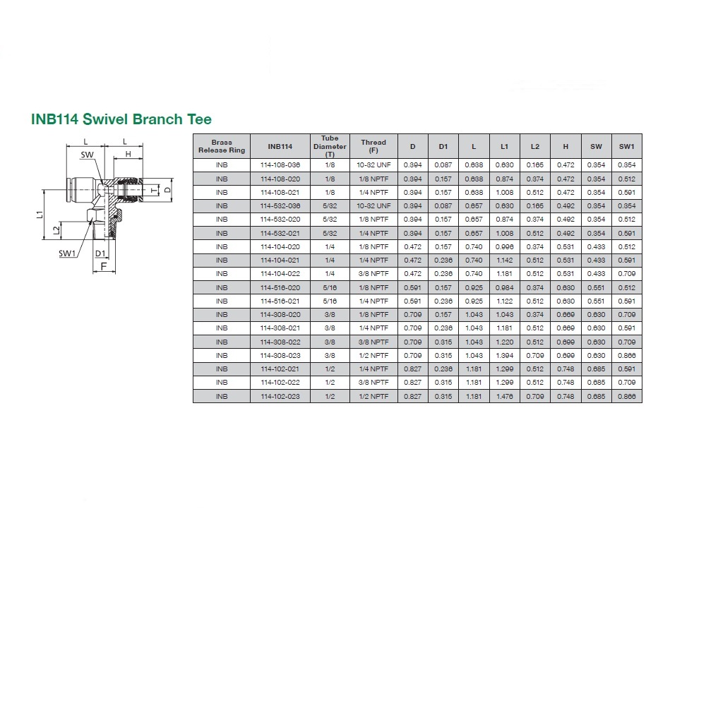 INB114-308-022 NUMATICS/AVENTICS NP BRASS PUSH-IN FITTING<BR>3/8" TUBE X 3/8" NPT MALE SWIVEL BRANCH TEE