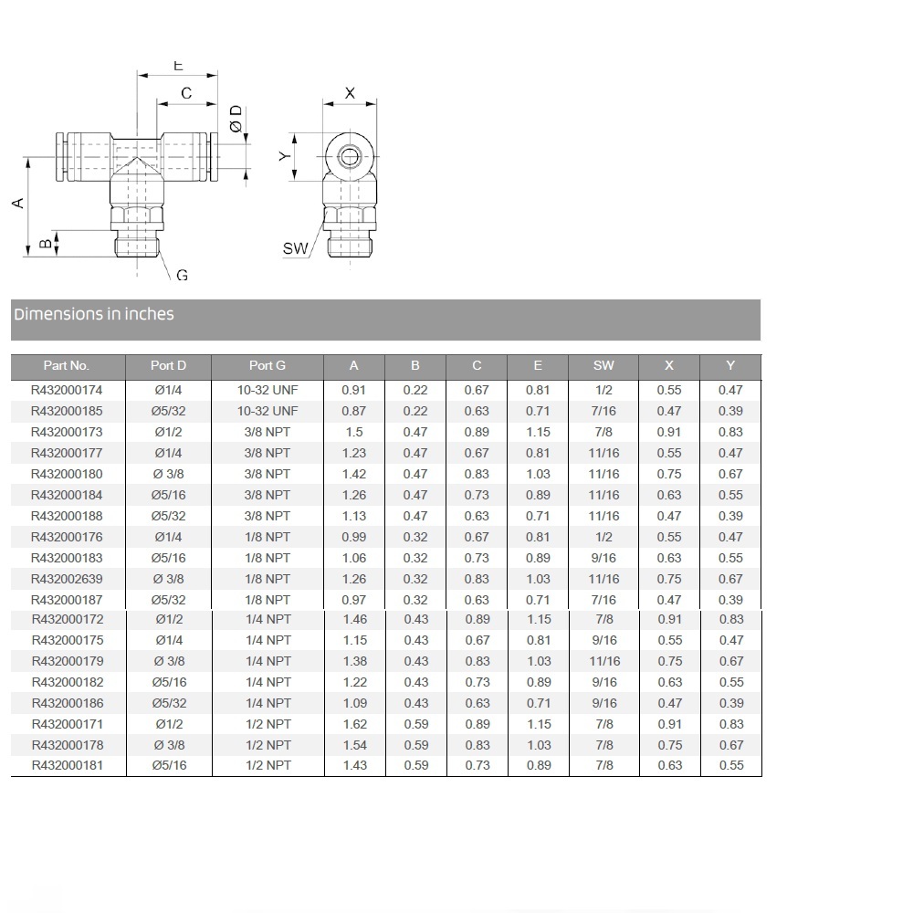 R432000174 NUMATICS/AVENTICS PLASTIC PUSH-IN FITTING<BR>1/4" TUBE X 10/32" UNF MALE BRANCH TEE (OVAL)
