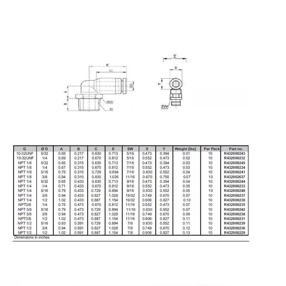 R432000238 NUMATICS/AVENTICS PLASTIC PUSH-IN FITTING<BR>3/8" TUBE X 3/8" UNIV MALE ELBOW (OVAL)