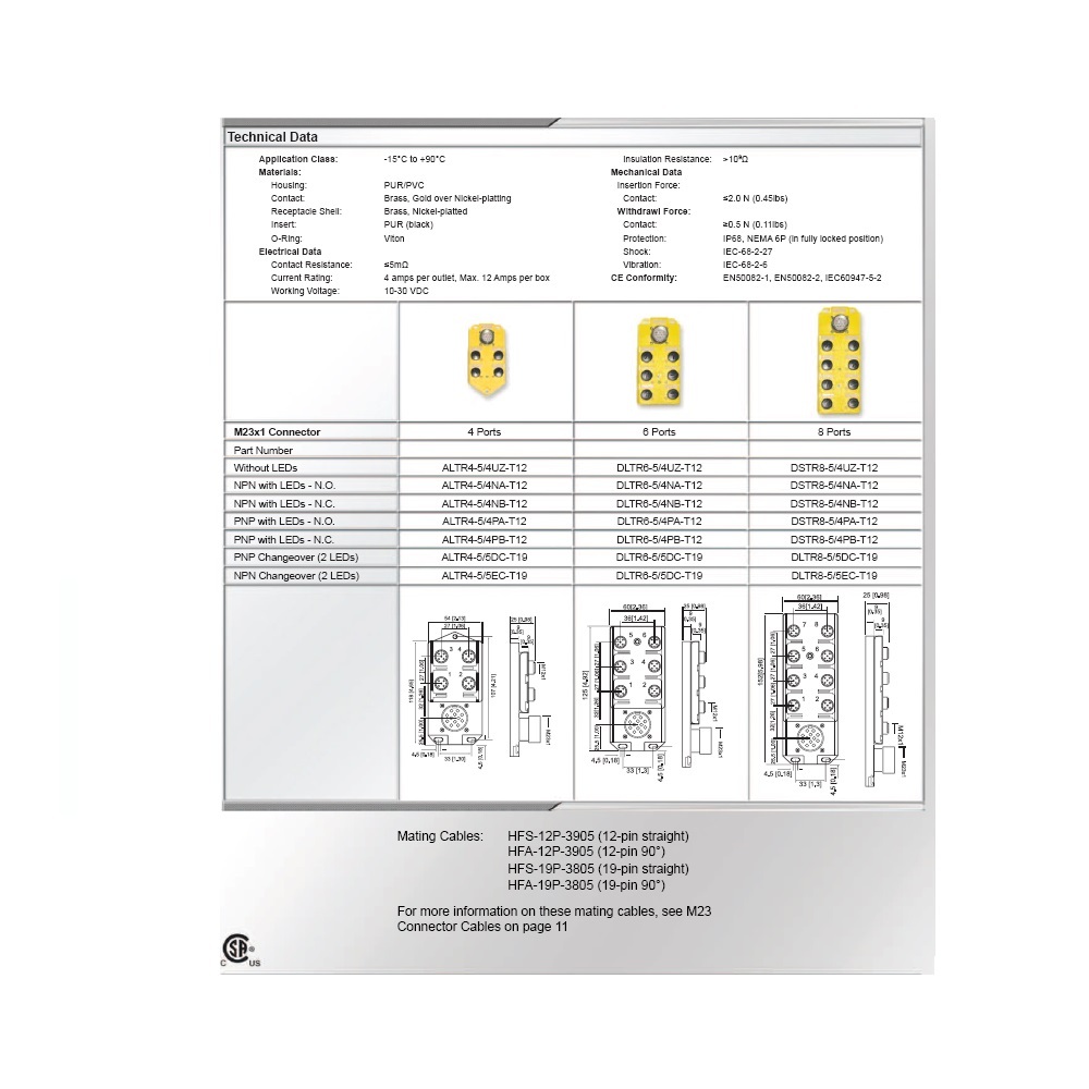 DLTR8-5/4PA-T12 HTM JUNCTION BLOCK<BR>8-4 PIN M12 / 12 PIN M16 TOP EXIT 10-30VDC PNP LED