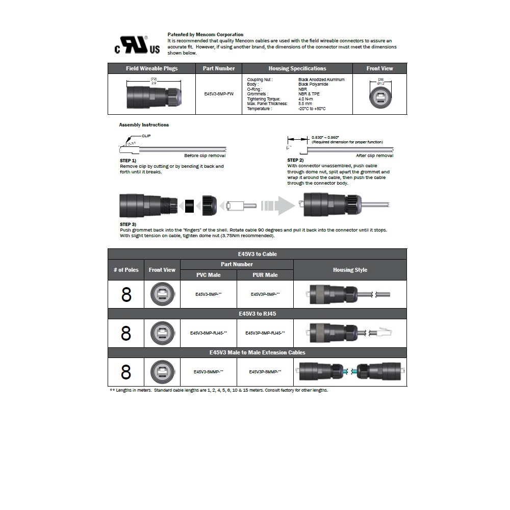 E45V3-8MP-FW MENCOM ETHERNET RECEPTACLE<BR>8 PIN RJ45 MALE STR FW .22M CG SS 60VAC/DC