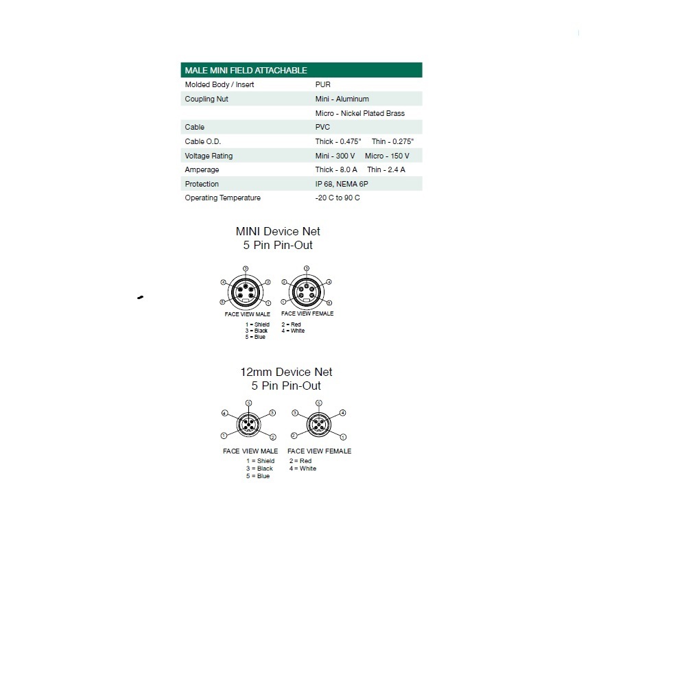 MC0512FFDMA05000 NUMATICS/AVENTICS DEVICENET CORDSET<BR>5 PIN 7/8" MINI M/F STR 12' PVC YE 300VAC/DC