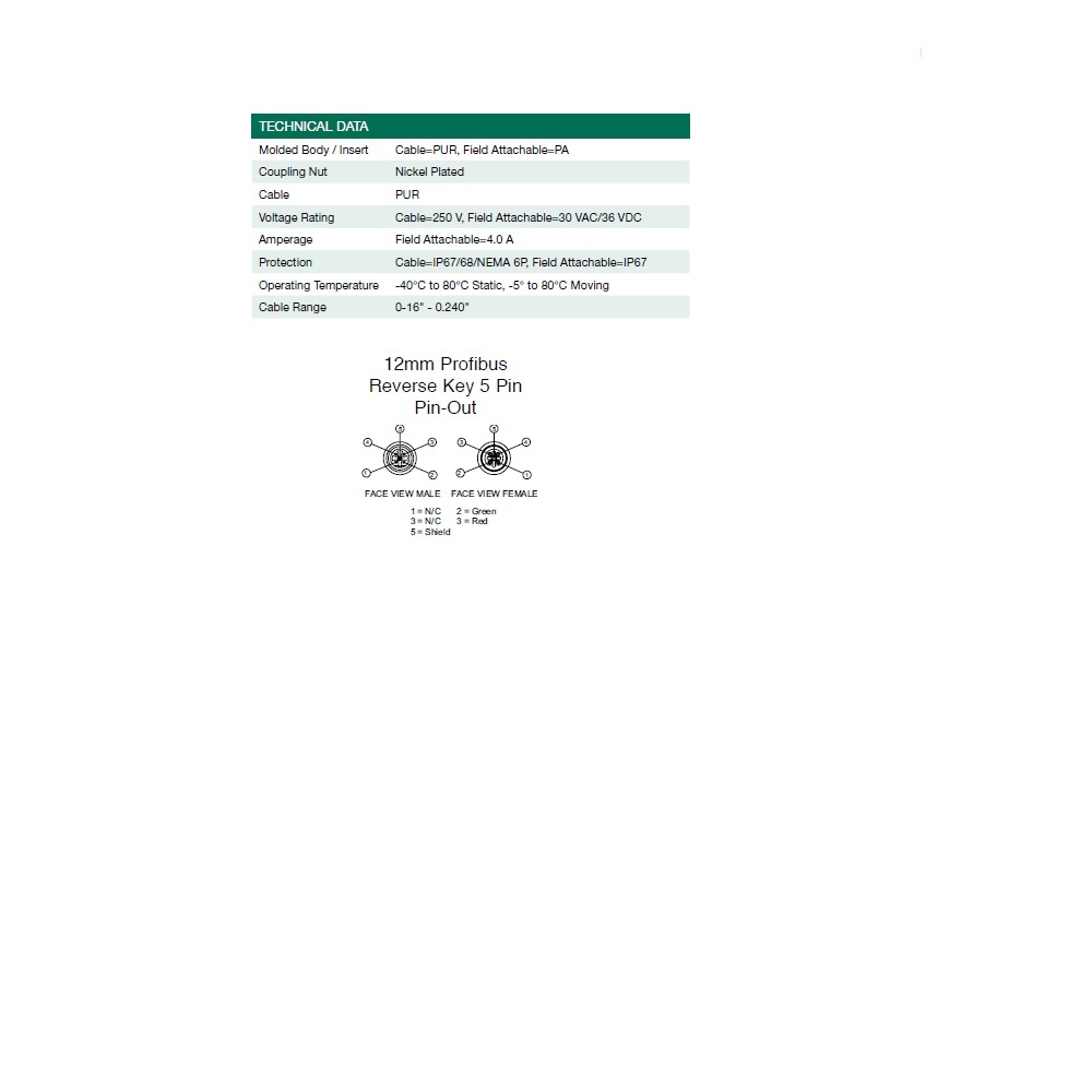 RC0501MHPRA05000 NUMATICS/AVENTICS PROFIBUS/DP CORDSET<BR>5 PIN M12 M/F STR 1M PUR BK 250VAC/DC