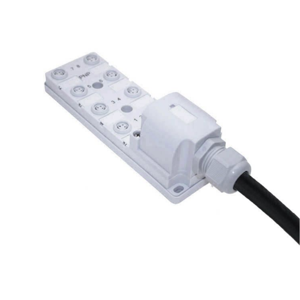 JAN-83P-210-C050 MENCOM JUNCTION BLOCK<BR>8-3 PIN M12 / 5M SIDE PUR BK 60VAC/DC PNP LED