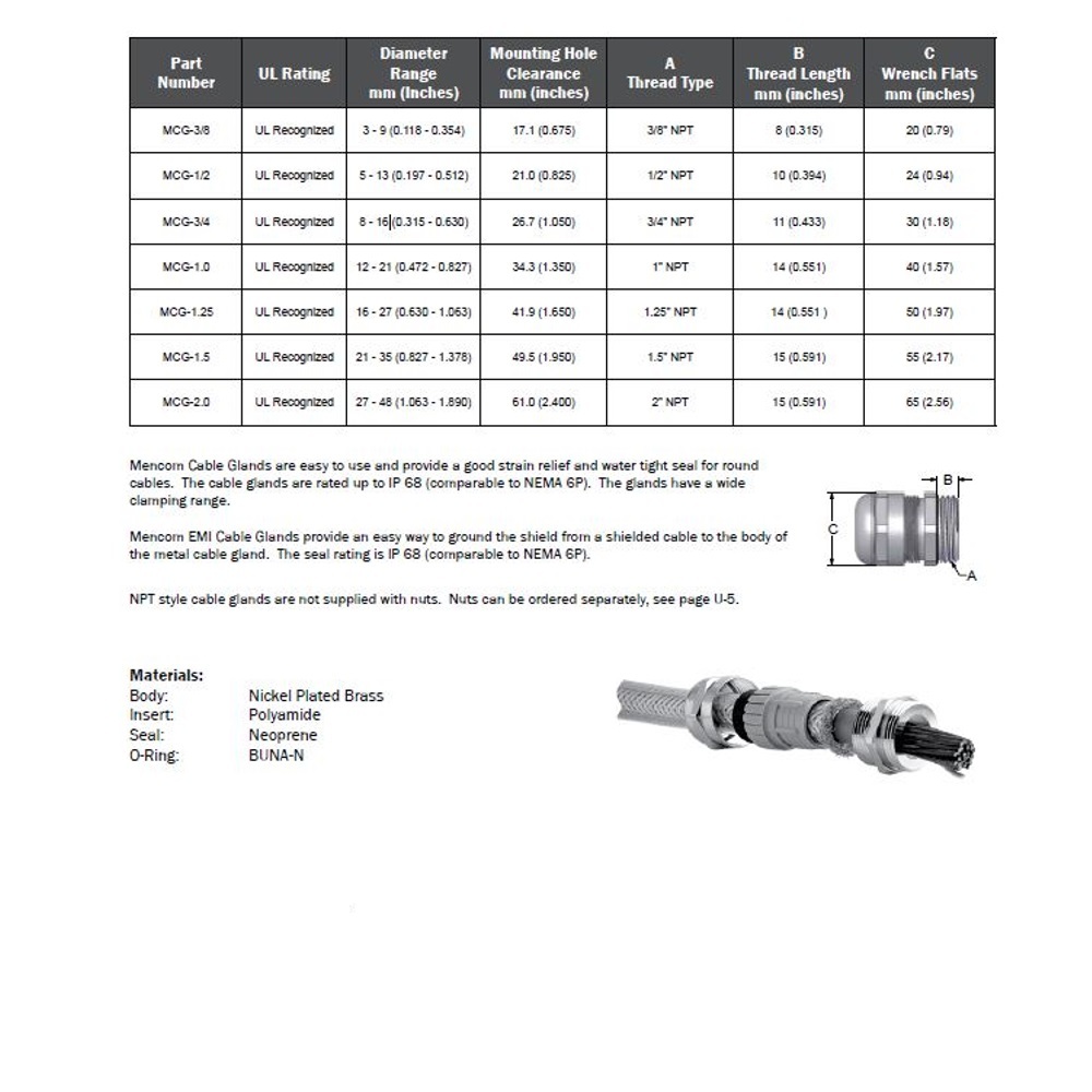 MCG-3/8 MENCOM CABLE GLAND<BR>3/8" NPT MALE THD 3-9MM CG NP BRASS