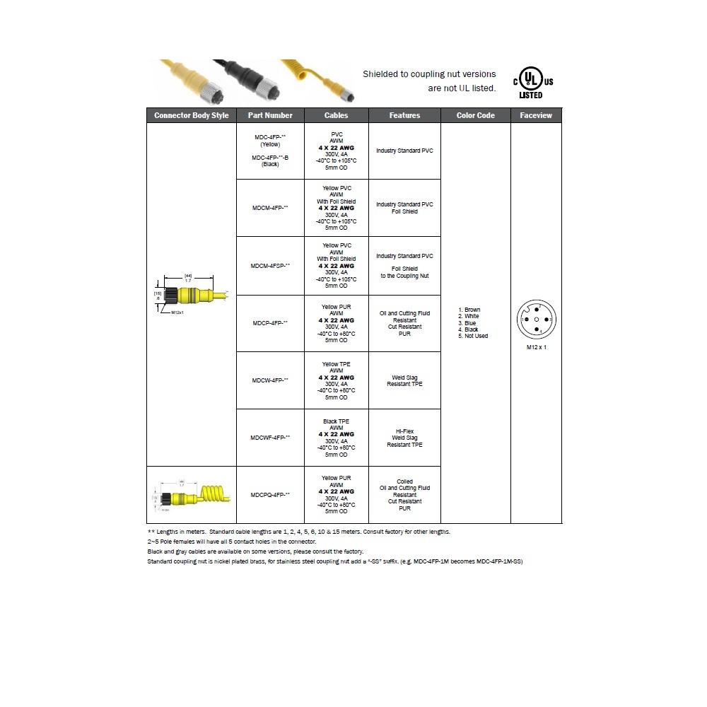 MDCM-4FP-10M MENCOM CORDSET<BR>4 PIN M12 FEMALE STR 10M PVC YE 22AWG 300VAC/DC