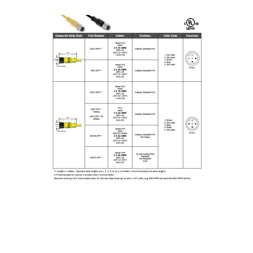 MDCP-3FP-5M MENCOM CORDSET<BR>3 PIN M12 FEMALE STR 5M PUR YE 22AWG 300VAC/DC