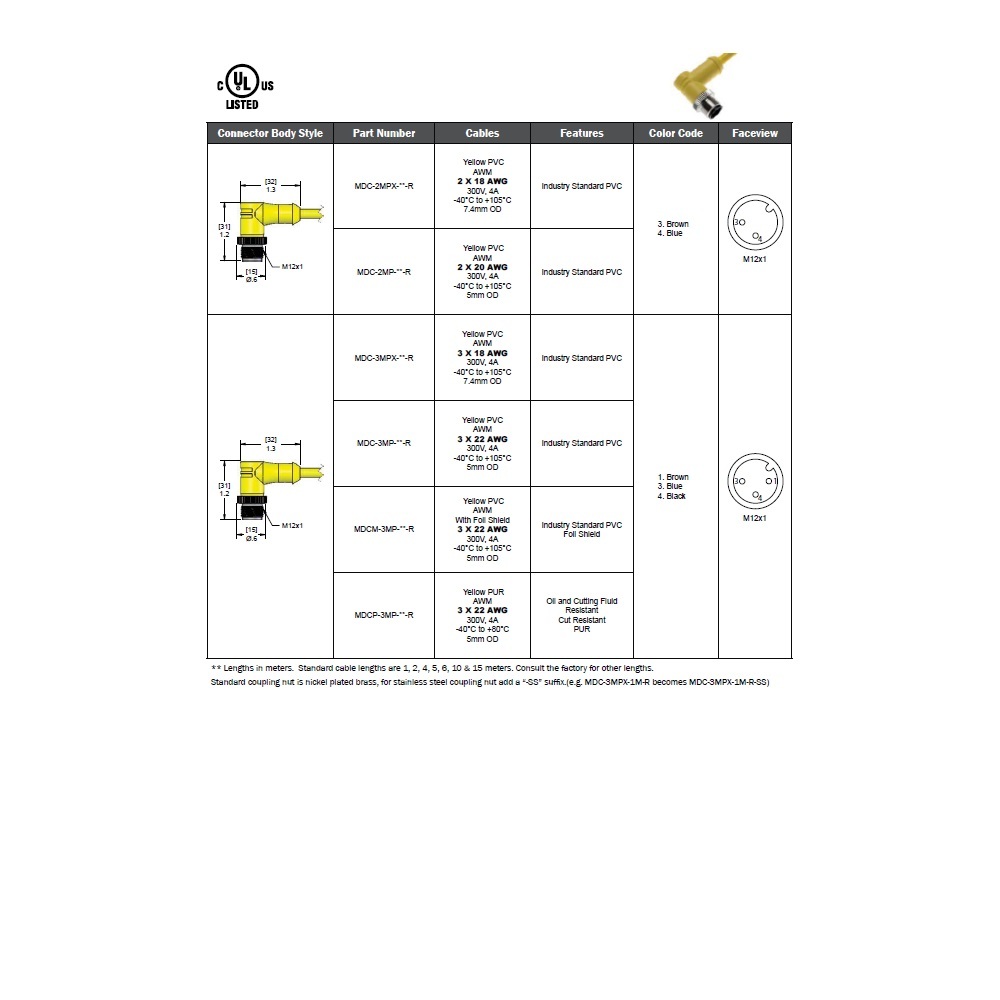 MDC-3MP-5M MENCOM CORDSET<BR>3 PIN M12 MALE STR 5M PVC YE 22AWG 300VAC/DC