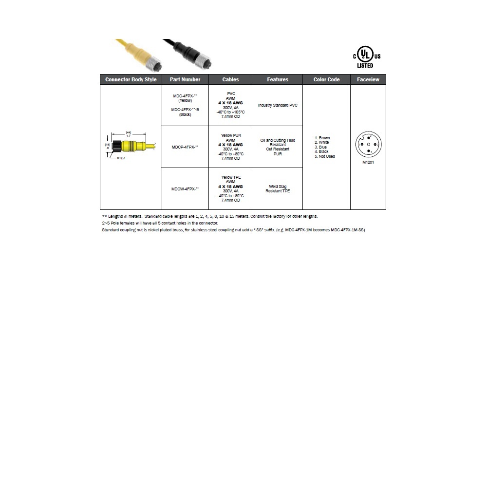 MDC-4FPX-5M MENCOM CORDSET<BR>4 PIN M12 FEMALE STR 5M PVC YE 18AWG 300VAC/DC