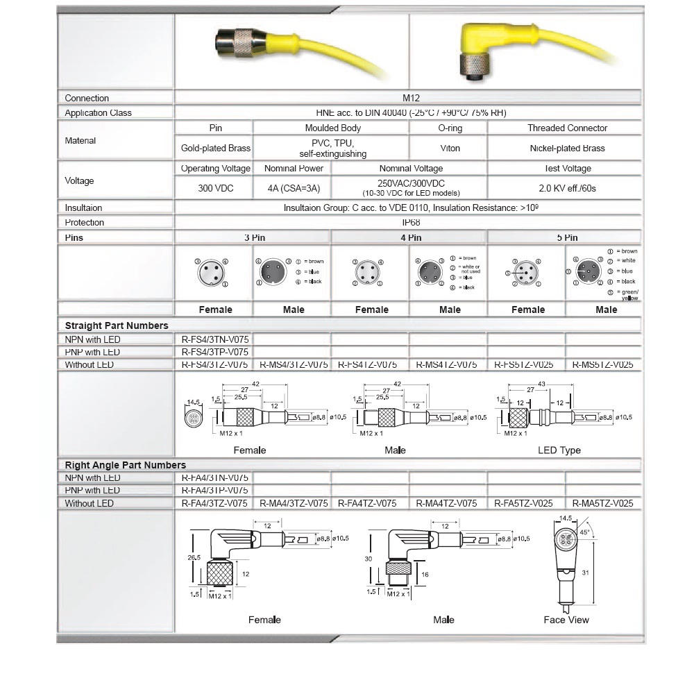 R-MS4TZ-V075 HTM CORDSET<BR>4 PIN M12 MALE STR 5M PVC YE