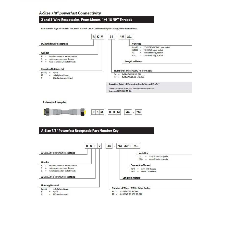 RKF 44-2M/NPT TURCK CIRCULAR CONNECTOR<BR>4 PIN 7/8" MINI FEMALE STR FM 2M 14AWG 1/2" NPT THR 600VAC