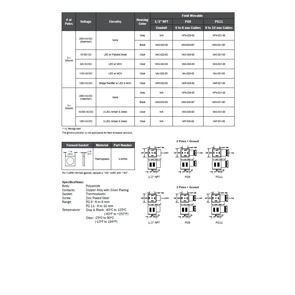 VAS-031-00 MENCOM SOLENOID VALVE CONNECTOR<BR>FORM A DIN 3+G PG11 CG FW LED, 10-50VAC/DC