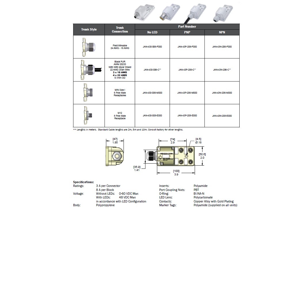 JAN-43P-206-C100 MENCOM JUNCTION BLOCK<BR>4-3 PIN M8 / 10M SIDE PUR BK 60VAC/DC PNP LED