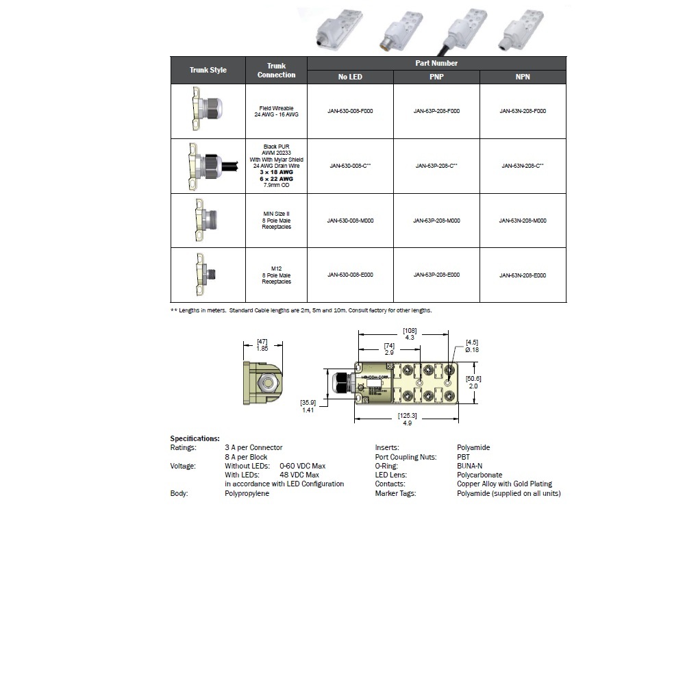 JAN-63P-208-C100 MENCOM JUNCTION BLOCK<BR>6-3 PIN M8 / 10M SIDE PUR BK 60VAC/DC PNP LED