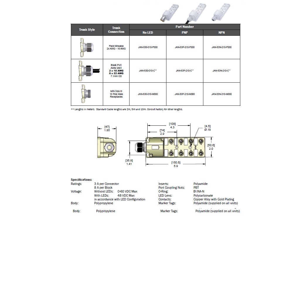 JAN-83P-210-C050 MENCOM JUNCTION BLOCK<BR>8-3 PIN M12 / 5M SIDE PUR BK 60VAC/DC PNP LED