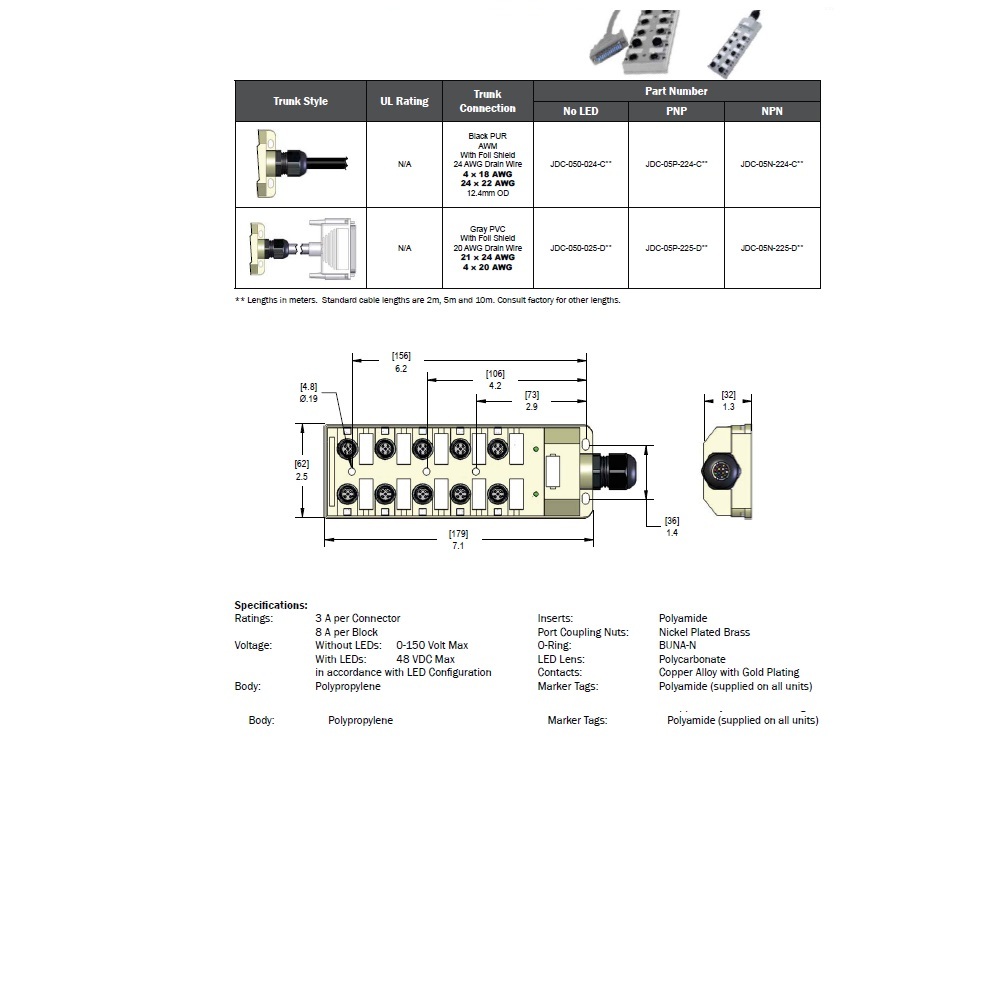 JDC-050-024-C050 MENCOM JUNCTION BLOCK<BR>10-5 PIN M12 / 5M SIDE PUR BK 48VAC/DC