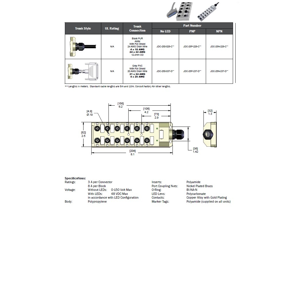 JDC-25P-228-C050 MENCOM JUNCTION BLOCK<BR>12-5 PIN M12 / 5M SIDE PUR BK 48VAC/DC PNP LED