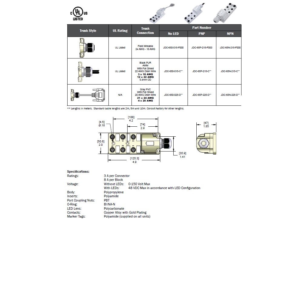 JDC-650-015-C050 MENCOM JUNCTION BLOCK<BR>6-5 PIN M12 / 5M SIDE PUR BK 48VAC/DC