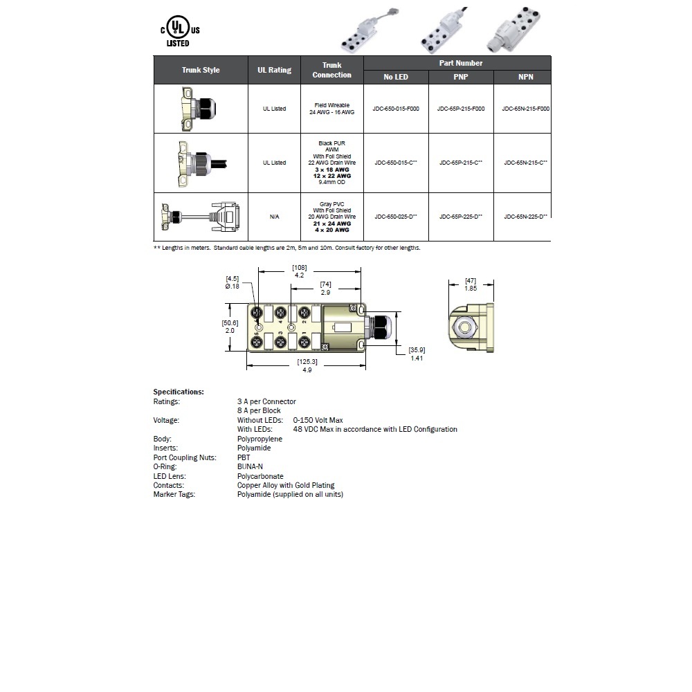 JDC-650-015-C050 MENCOM JUNCTION BLOCK<BR>6-5 PIN M12 / 5M SIDE PUR BK 48VAC/DC