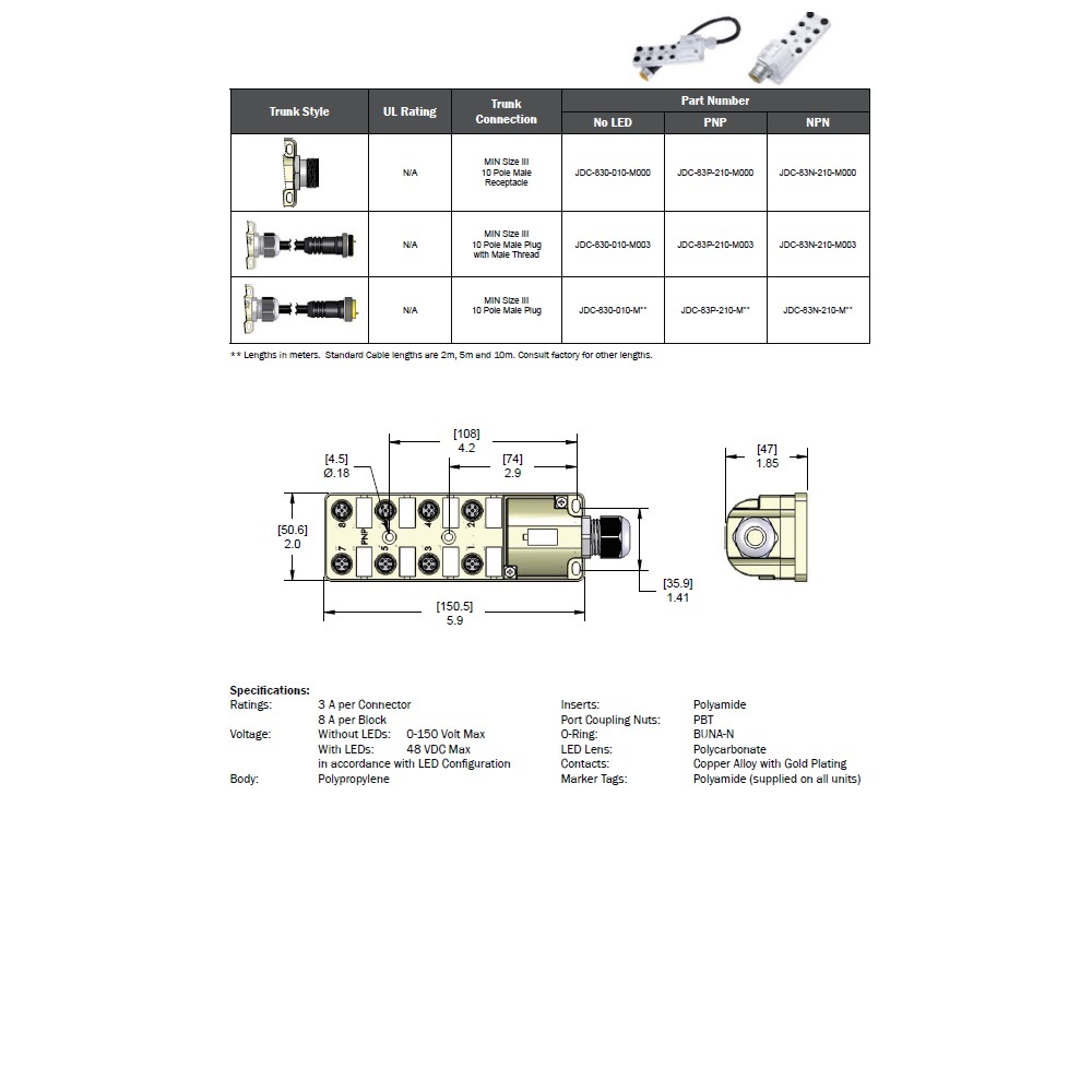 JDC-83P-210-M000 MENCOM JUNCTION BLOCK<BR>8-3 PIN M12 /10 PIN 1 1/8" MINI SIDE 48VAC/DC PNP LED