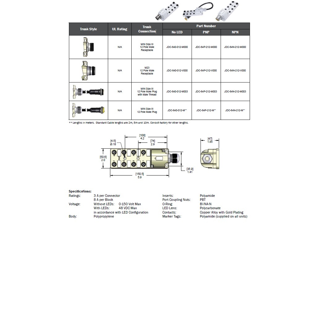 JDC-84P-212-M000 MENCOM JUNCTION BLOCK<BR>8-4 PIN MINI / 12 PIN MINI SIDE 48VAC/DC PNP LED