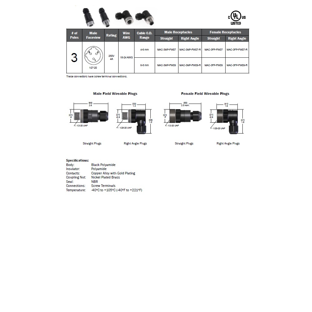 MAC-3FP-FW07-R MENCOM CIRCULAR CONNECTOR<BR>3 PIN M12 FEMALE ELB FW PG7 CG 250VAC/DC