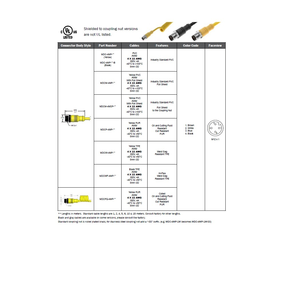 MDC-4MP-5M MENCOM CORDSET<BR>4 PIN M12 MALE STR 5M PVC YE 22AWG 300VAC/DC