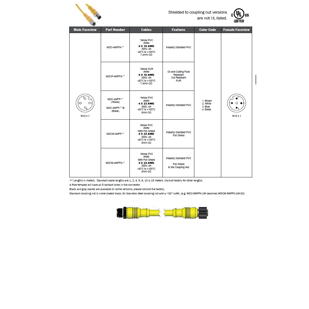 MDCM-4MFP-5M MENCOM CORDSET<BR>4 PIN M12 M/F STR 5M PVC YE 22AWG 300VAC/DC