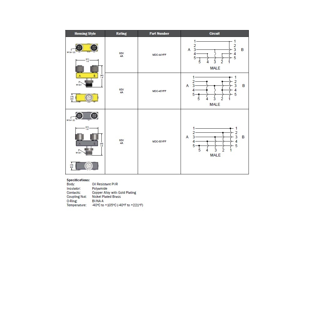 MDC-44YFF MENCOM SPLITTER<BR>4 PIN "Y" M12 M/F/F 300VAC/DC