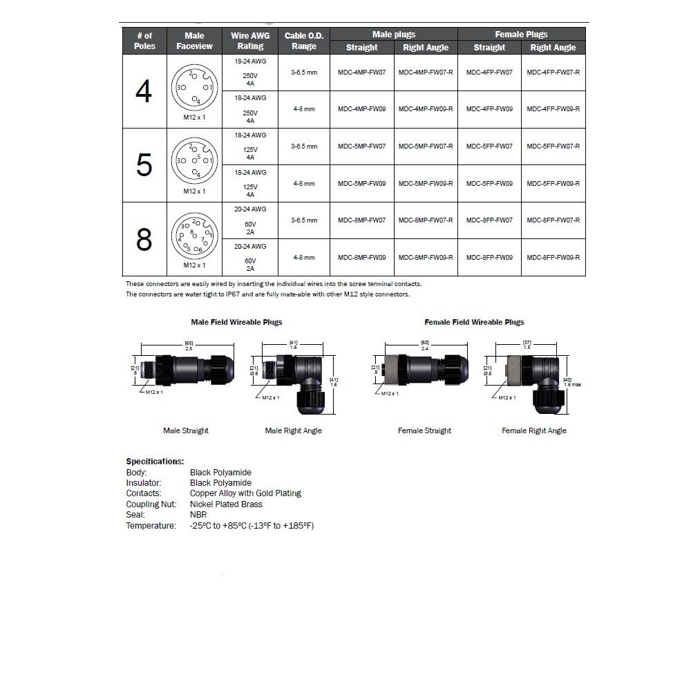 MDC-4MP-FW07 MENCOM CIRCULAR CONNECTOR<BR>4 PIN M12 MALE STR FW PG7 CG 250VAC/DC