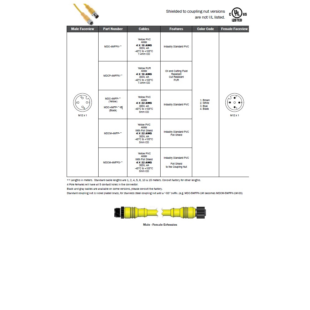 MDC-4MFP-5M-B MENCOM CORDSET<BR>4 PIN M12 M/F STR 5M PVC BK 22AWG 300VAC/DC