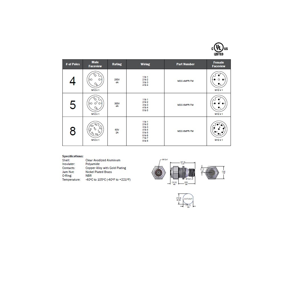 MDC-4MFR-TM MENCOM ADAPTOR<BR>4 PIN M12 M/F STR TM M16 MALE THR 300VAC/DC