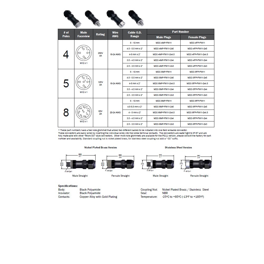 MDC-4MP-FW11-2X4 MENCOM CIRCULAR CONNECTOR<BR>4 PIN M12 MALE STR FW PG11 CG 250VAC/DC