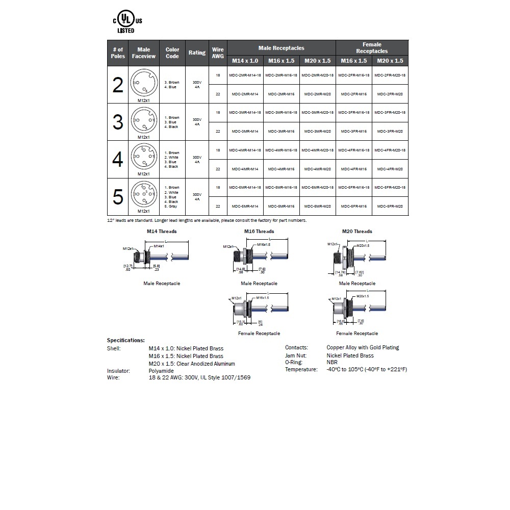 MDC-4MR-M16 MENCOM CIRCULAR CONNECTOR<BR>4 PIN M12 MALE STR FM 1' 22AWG M16 THR 300VAC/DC