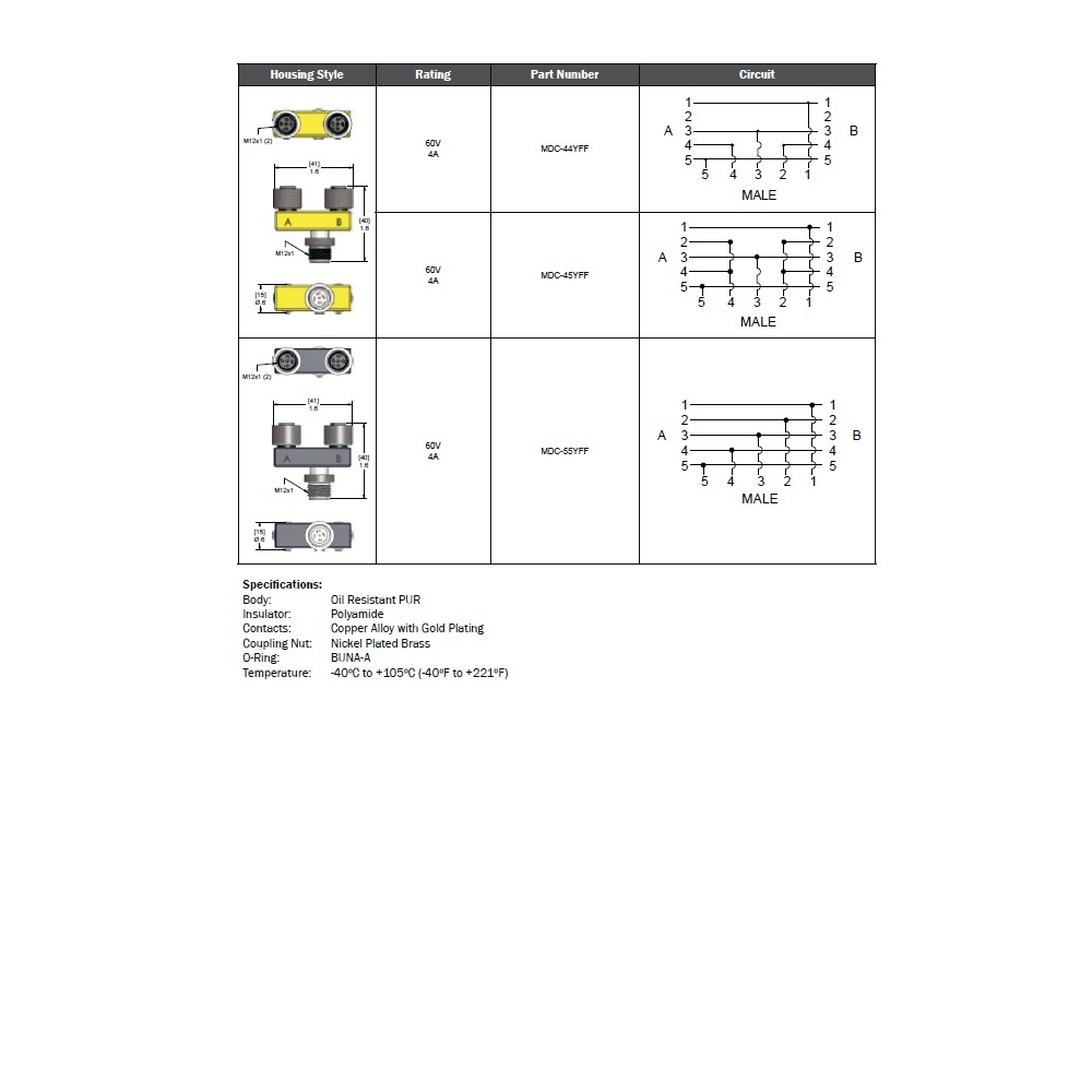 MDC-55YFF MENCOM SPLITTER<BR>5 PIN "Y" M12 M/F/F 300VAC/DC