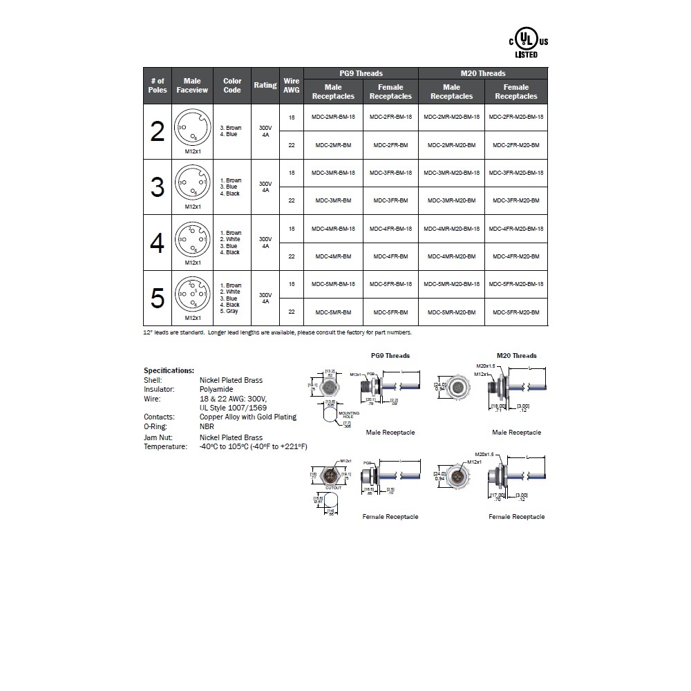 MDC-5MR-BM-18 MENCOM CIRCULAR CONNECTOR<BR>5 PIN M12 MALE STR BM 1' 18AWG PG9 THR 300VAC/DC