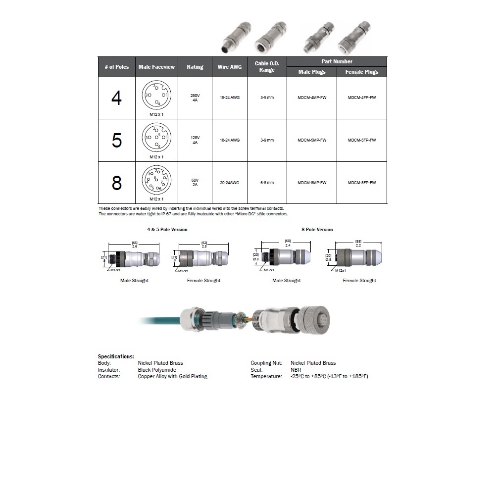 MDCM-5MP-FW MENCOM CIRCULAR CONNECTOR<BR>5 PIN M12 MALE STR FW PG9 CG 125VAC/DC