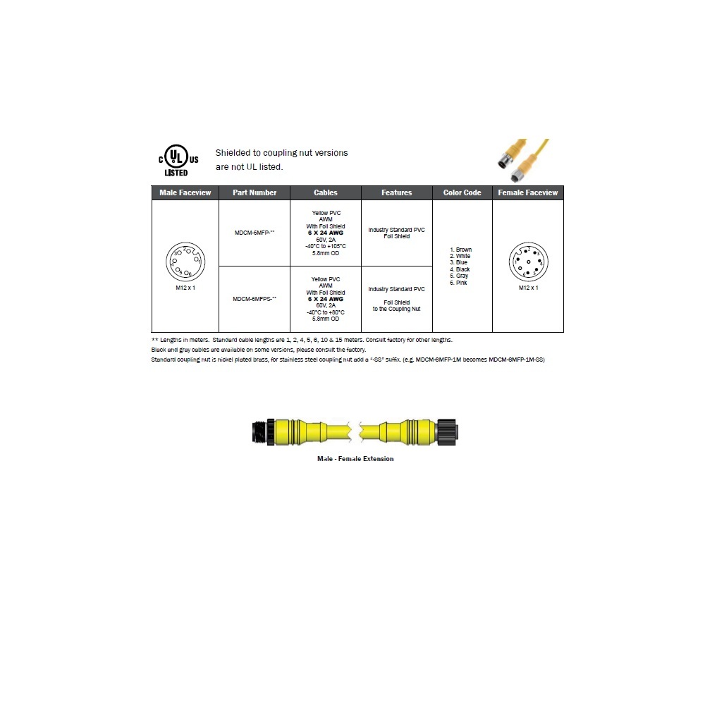 MDCM-6MFP-5M MENCOM CORDSET<BR>6 PIN M12 M/F STR 5M PVC YE 22AWG 300VAC/DC