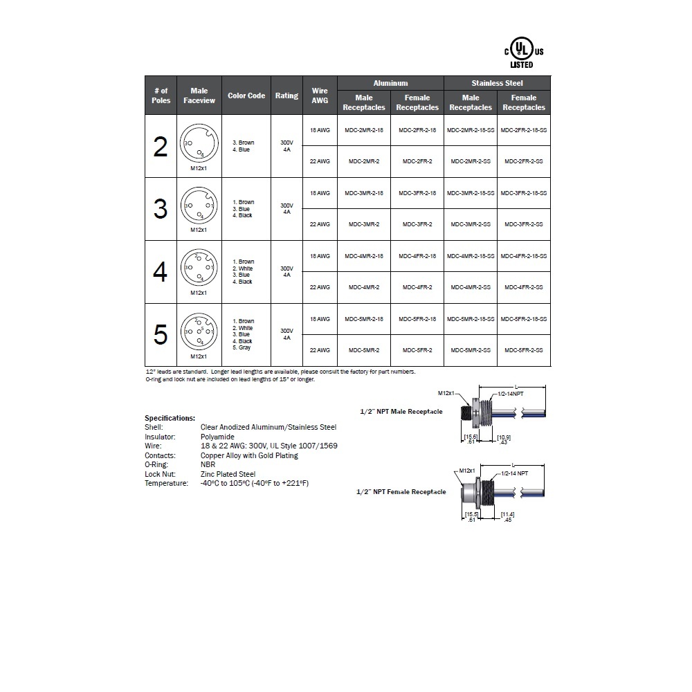 MDC-5MR-2 MENCOM CIRCULAR CONNECTOR<BR>5 PIN M12 MALE STR FM 1' 18AWG 1/2" NPT THR 300VAC/DC