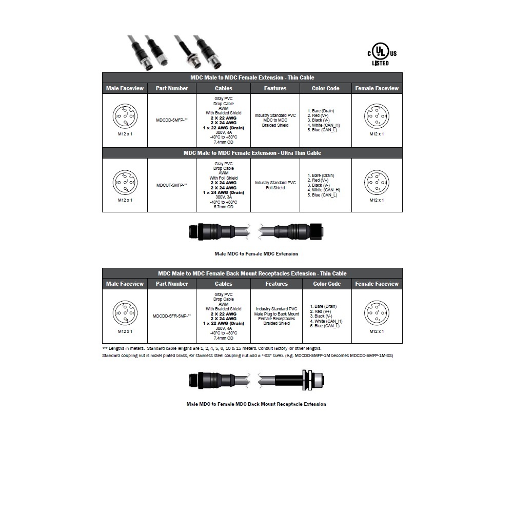 MDCDD-5MFP-1M MENCOM DEVICENET CORDSET<BR>5 PIN M12 M/F STR 1M PVC GY 22/24AWG 300VAC/DC SHIELDED