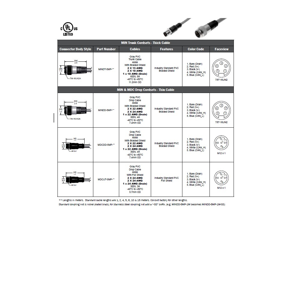 MDCDD-5MP-2M MENCOM DEVICENET CORDSET<BR>5 PIN M12 MALE STR 2M PVC GY 22/24AWG 300VAC/DC SHIELDED