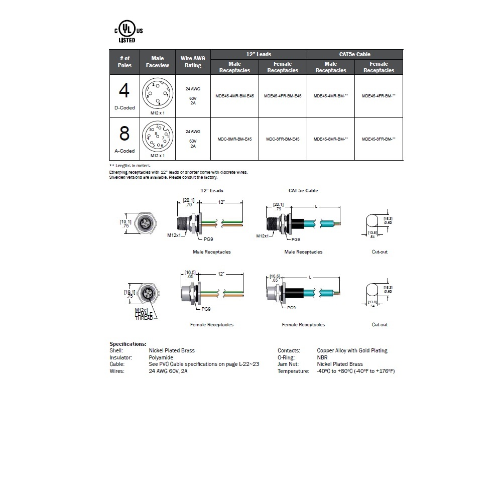 MDE45-8FR-BM-2M MENCOM ETHERNET CORDSET<BR>8 PIN M12 FEMALE STR BM 2M PVC TEAL HI-FLEX 24AWG 60VAC/DC