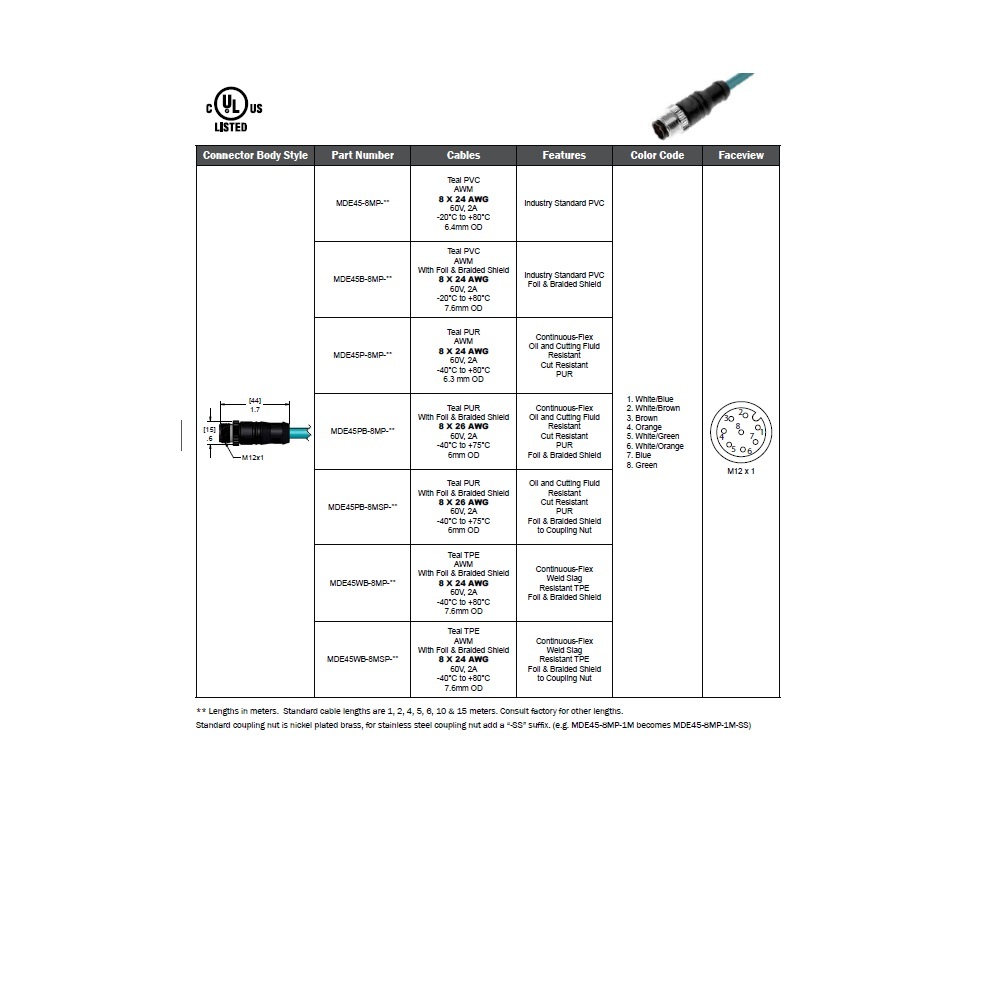 MDE45-8MP-5M MENCOM ETHERNET CORDSET<BR>8 PIN M12 MALE STR 5M PVC TEAL HI-FLEX 24AWG 60VAC/DC