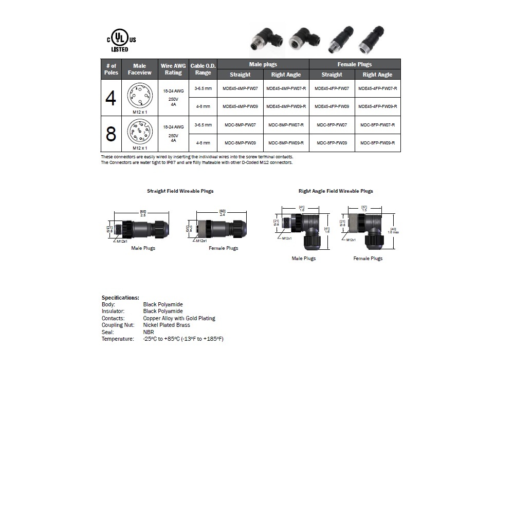 MDE45-4MP-FW09 MENCOM ETHERNET RECEPTACLE<BR>4 PIN M12 MALE STR FW PG9 CG 250VDC