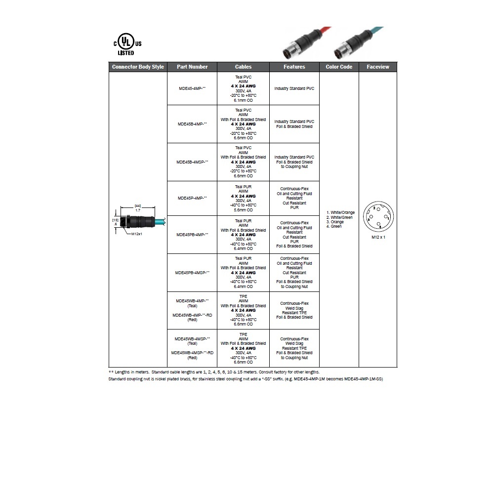 MDE45PB-4MP-10M MENCOM ETHERNET CORDSET<BR>4 PIN M12 MALE STR 10M PUR TEAL 24AWG 300VAC/DC SHIELDED