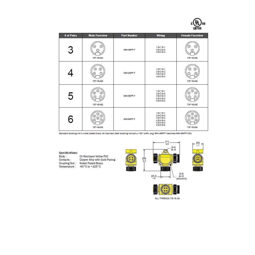 MIN-5MFF-T MENCOM SPLITTER<BR>5 PIN "T" 7/8" MINI F/M/F 300VAC/DC