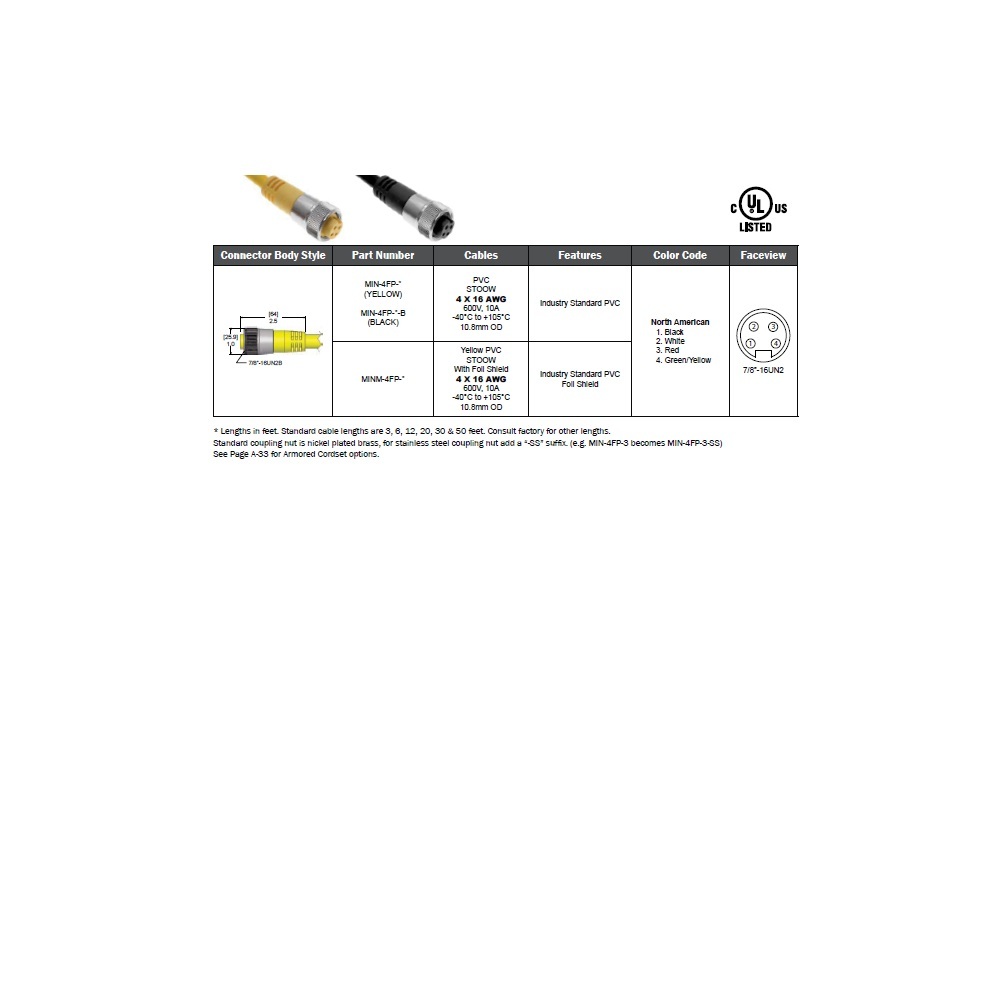 MIN-4FP-6 MENCOM CORDSET<BR>4 PIN 7/8" MINI FEMALE STR 6' PVC YE 16AWG 600VAC/DC