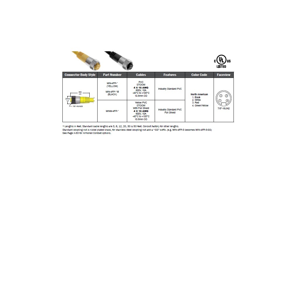 MINH-4FP-5M MENCOM CORDSET<BR>4 PIN 7/8" MINI FEMALE STR 5M PVC GY 14AWG 600VAC/DC