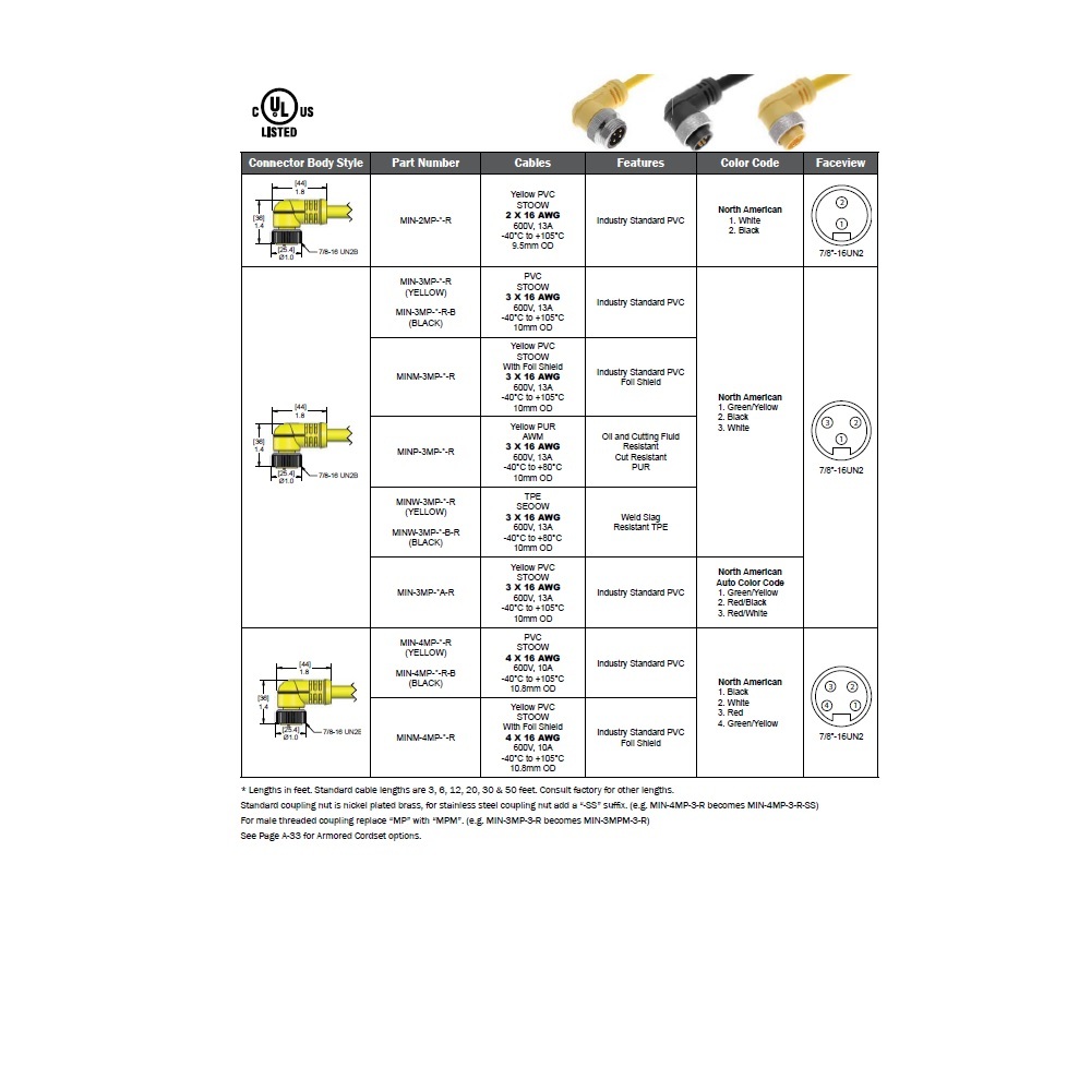 MIN-4MP-12-R MENCOM CORDSET<BR>4 PIN 7/8" MINI MALE ELB 12' PVC YE 16AWG 600VAC/DC